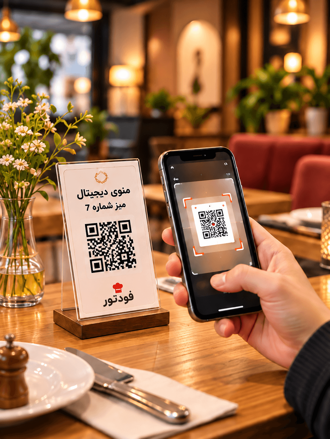 اسکن بارکد منوی دیجیتال فودتور با گوشی، روی میز رستوران